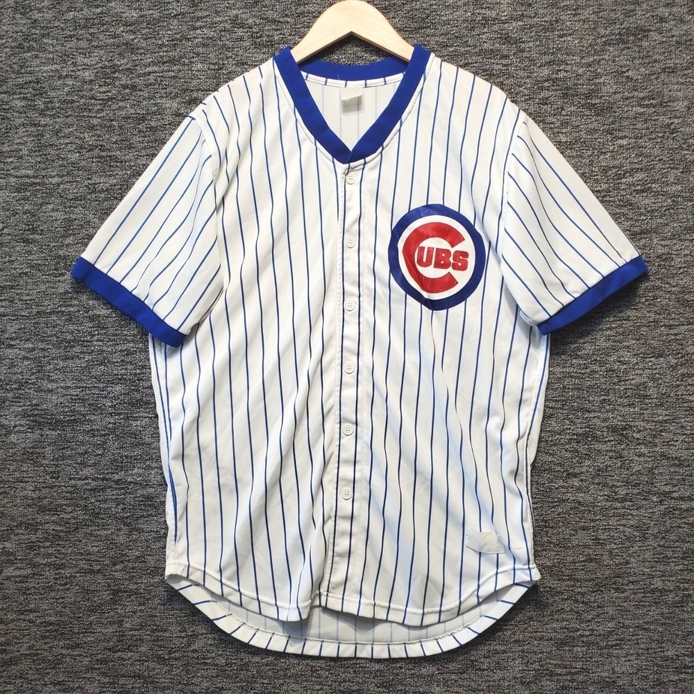 Rawlings Chicago Cubs Baseball Jersey Mens Large White Pinstripe V-Neck Vintage